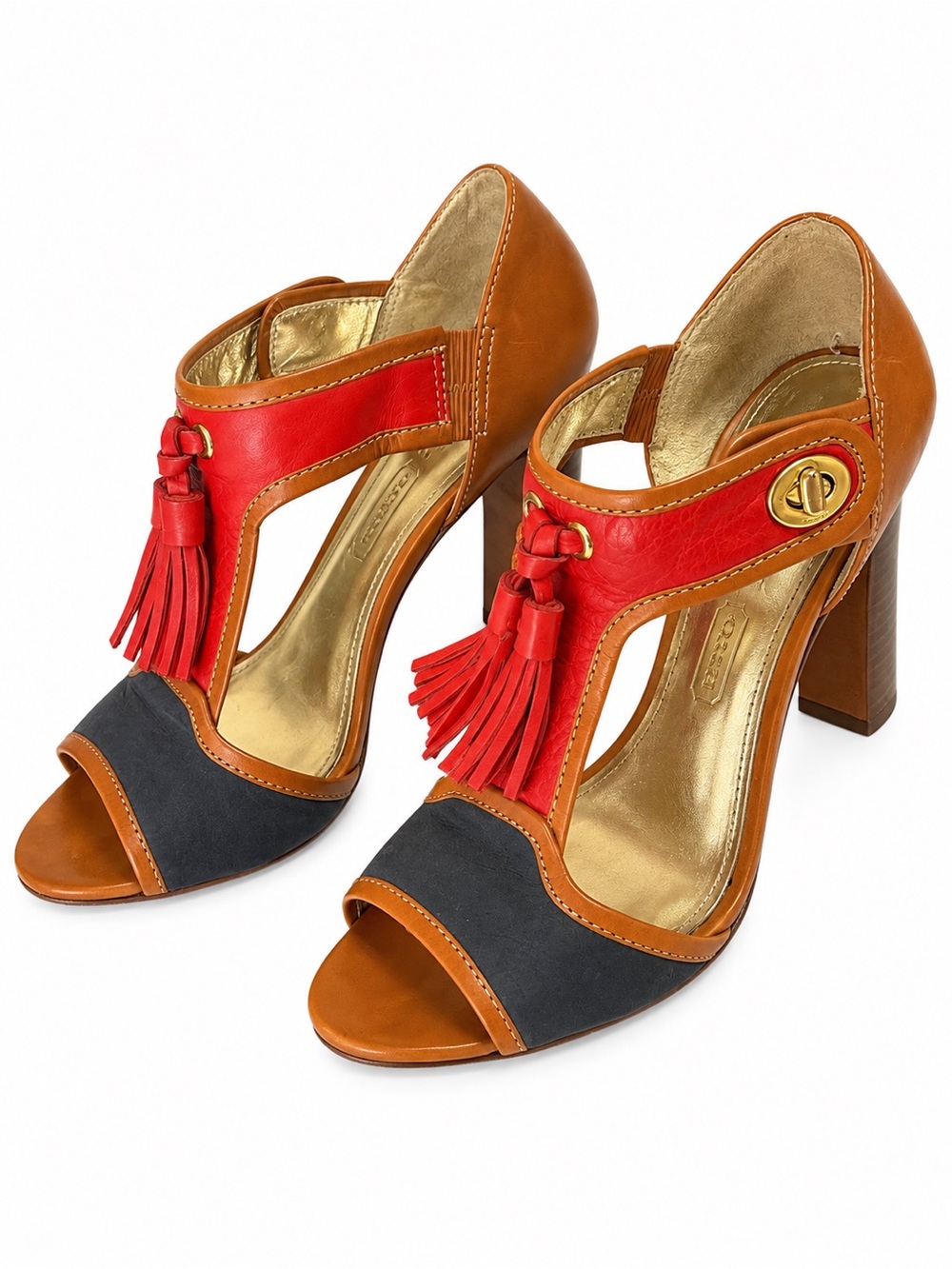 Coach Colorblock Tassel Block Heel Sandals in Tan, Red & Navy